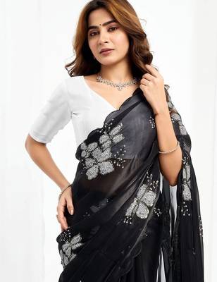 Black floral embroidered  chiffon saree 5