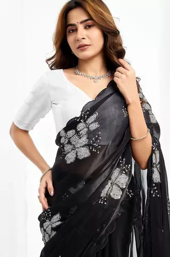Black floral embroidered  chiffon saree
