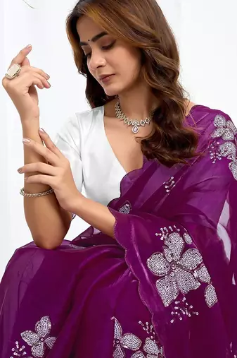 Purple floral embroidered  chiffon saree