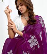 Purple floral embroidered  chiffon saree