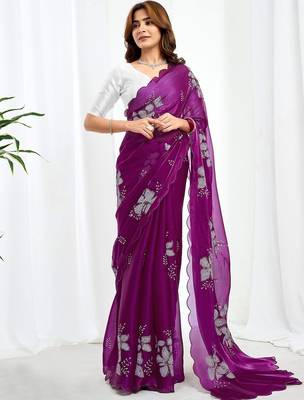 Purple floral embroidered  chiffon saree 2