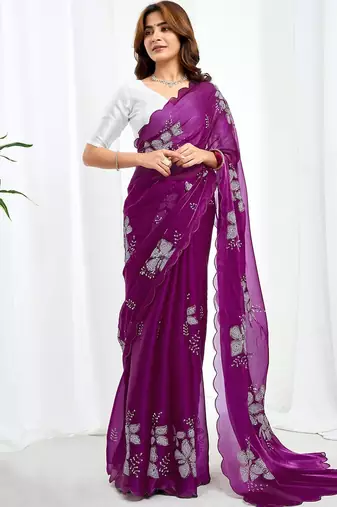 Purple floral embroidered  chiffon saree