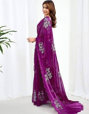 Purple floral embroidered  chiffon saree 3