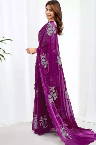 Purple floral embroidered  chiffon saree