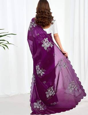 Purple floral embroidered  chiffon saree 4