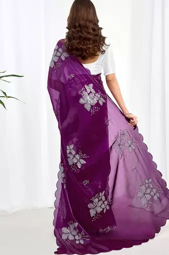 Purple floral embroidered  chiffon saree