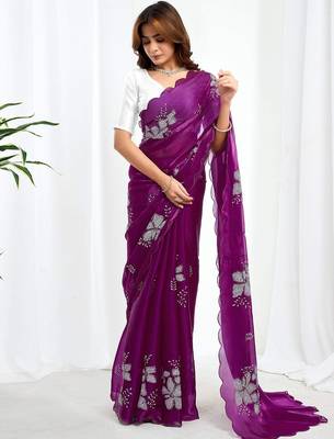 Purple floral embroidered  chiffon saree 5