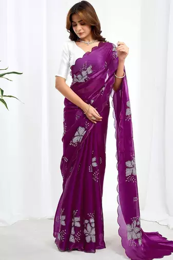 Purple floral embroidered  chiffon saree