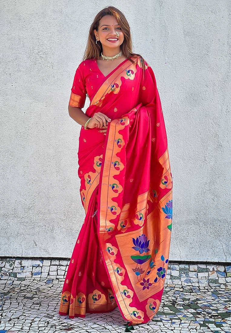 Pink woven design zari silk blend paithani saree