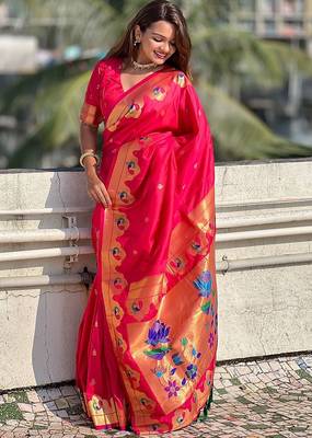 Pink woven design zari silk blend paithani saree 2