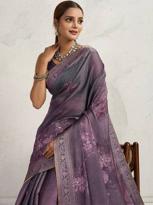 Purple floral printed sequinned tissue saree 1