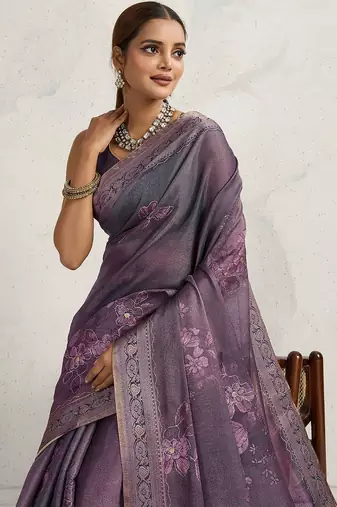 Purple floral printed sequinned tissue saree