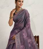 Purple floral printed sequinned tissue saree