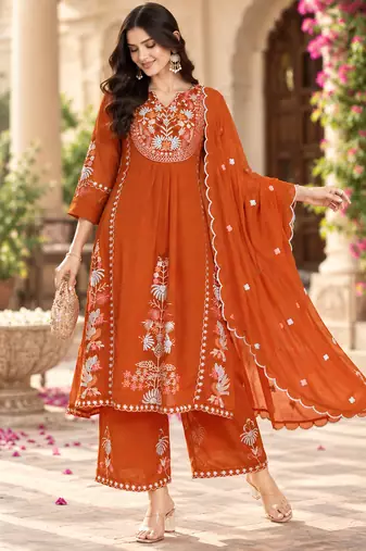 Women's faux georgette fabric thread embroidery kurta set with dupatta