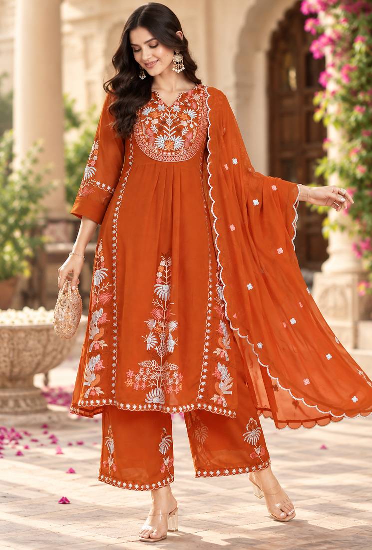 Women's faux georgette fabric thread embroidery kurta set with dupatta