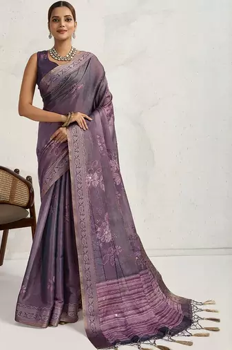 Purple floral printed sequinned tissue saree