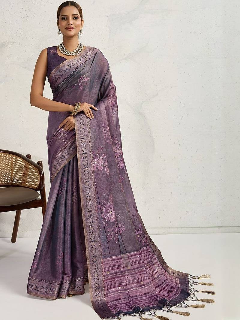Purple floral printed sequinned tissue saree
