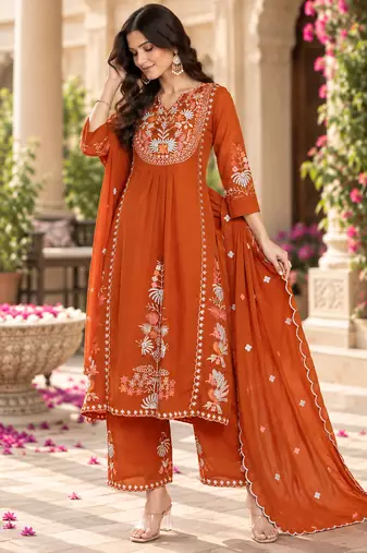 Women's faux georgette fabric thread embroidery kurta set with dupatta
