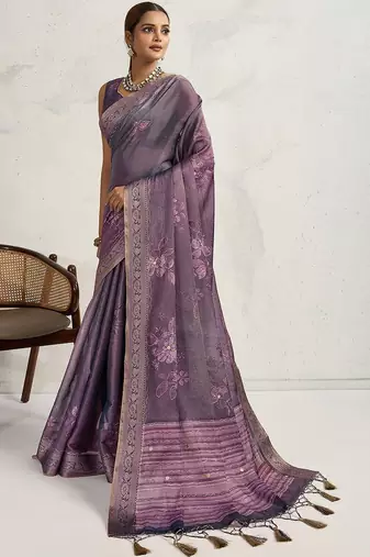 Purple floral printed sequinned tissue saree