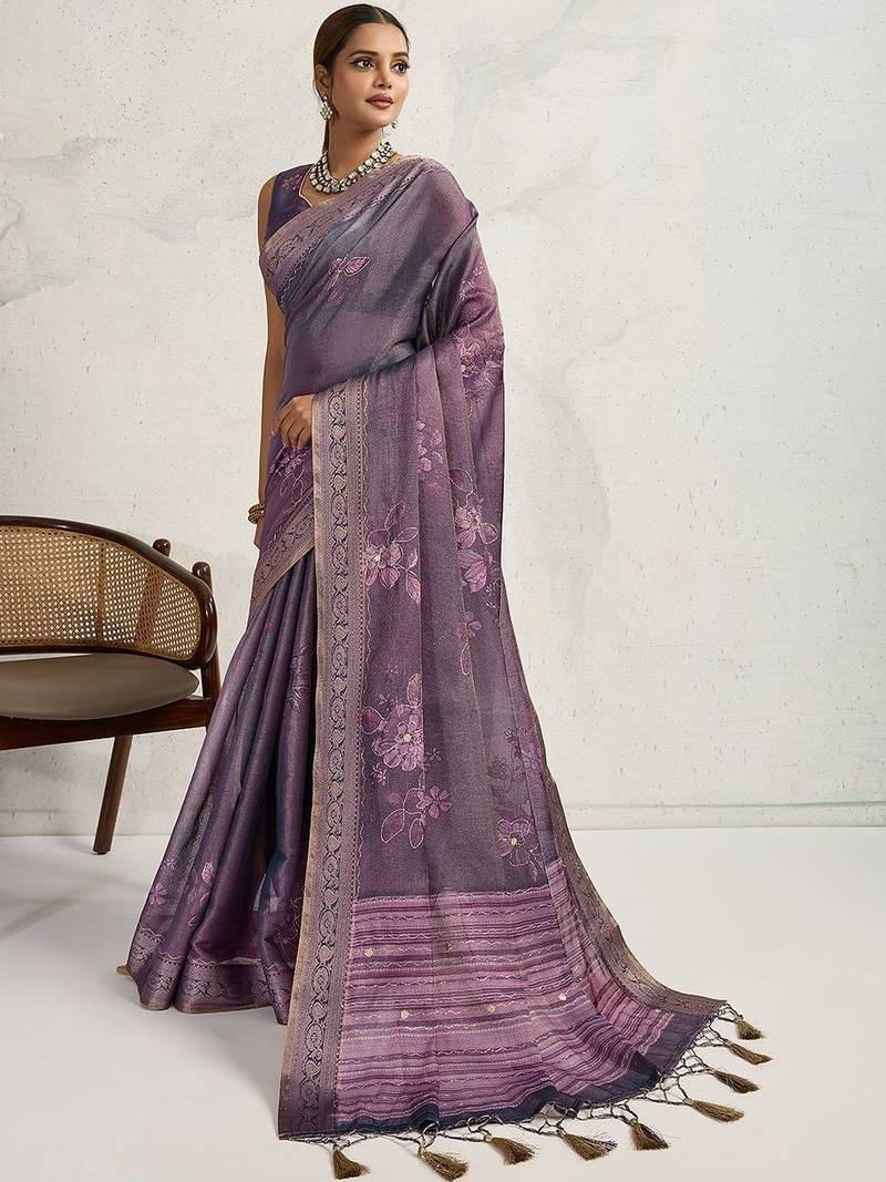 Purple floral printed sequinned tissue saree