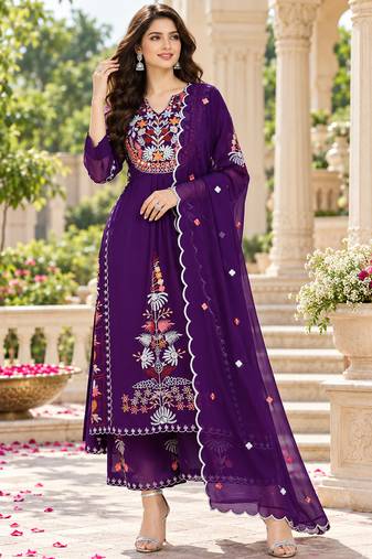 Women's faux georgette fabric thread embroidery kurta set with dupatta