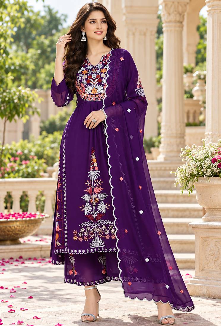 Women's faux georgette fabric thread embroidery kurta set with dupatta