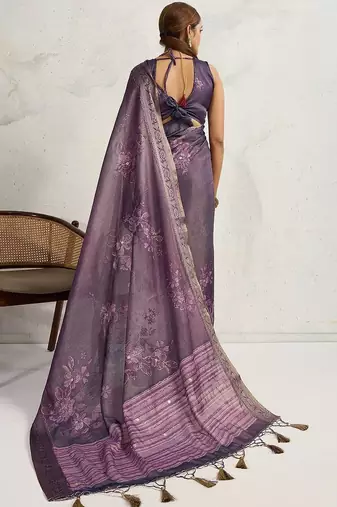 Purple floral printed sequinned tissue saree