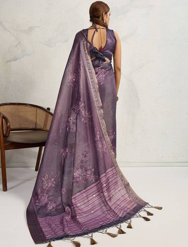 Purple floral printed sequinned tissue saree