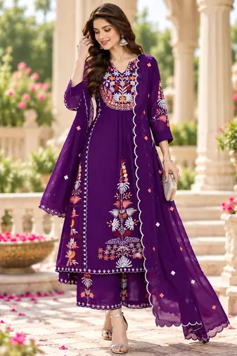Women's faux georgette fabric thread embroidery kurta set with dupatta