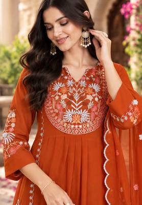 Women's faux georgette fabric thread embroidery kurta set with dupatta 4