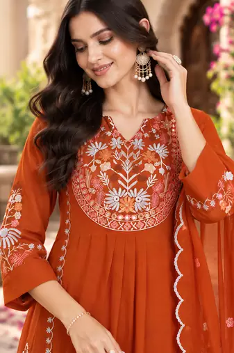 Women's faux georgette fabric thread embroidery kurta set with dupatta