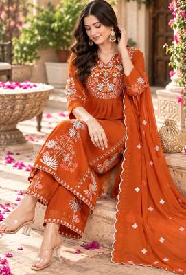 Women's faux georgette fabric thread embroidery kurta set with dupatta 5
