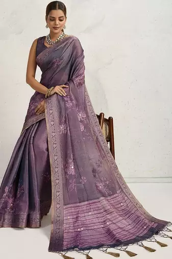 Purple floral printed sequinned tissue saree