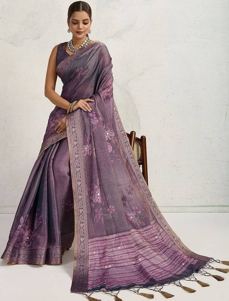 Purple floral printed sequinned tissue saree