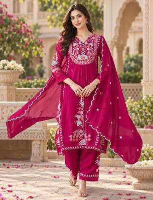 Women's faux georgette fabric thread embroidery kurta set with dupatta 1