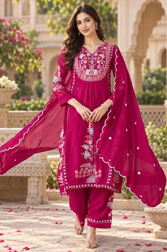 Women's faux georgette fabric thread embroidery kurta set with dupatta
