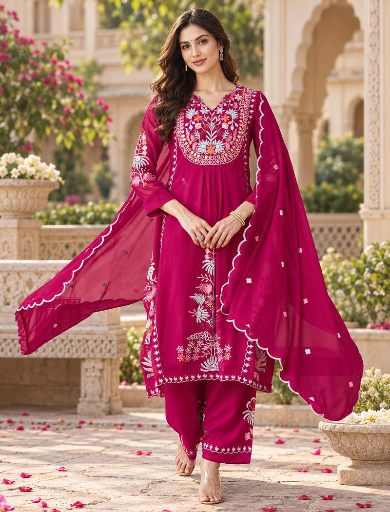 Women's faux georgette fabric thread embroidery kurta set with dupatta