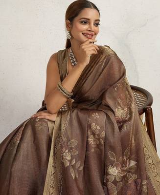 Brown floral printed sequinned tissue kanjeevaram saree 1