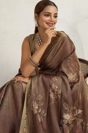 Brown floral printed sequinned tissue kanjeevaram saree