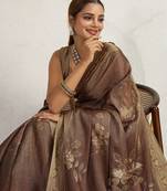 Brown floral printed sequinned tissue kanjeevaram saree