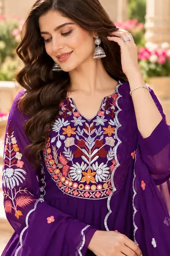 Women's faux georgette fabric thread embroidery kurta set with dupatta