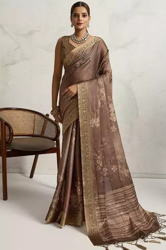 Brown floral printed sequinned tissue kanjeevaram saree