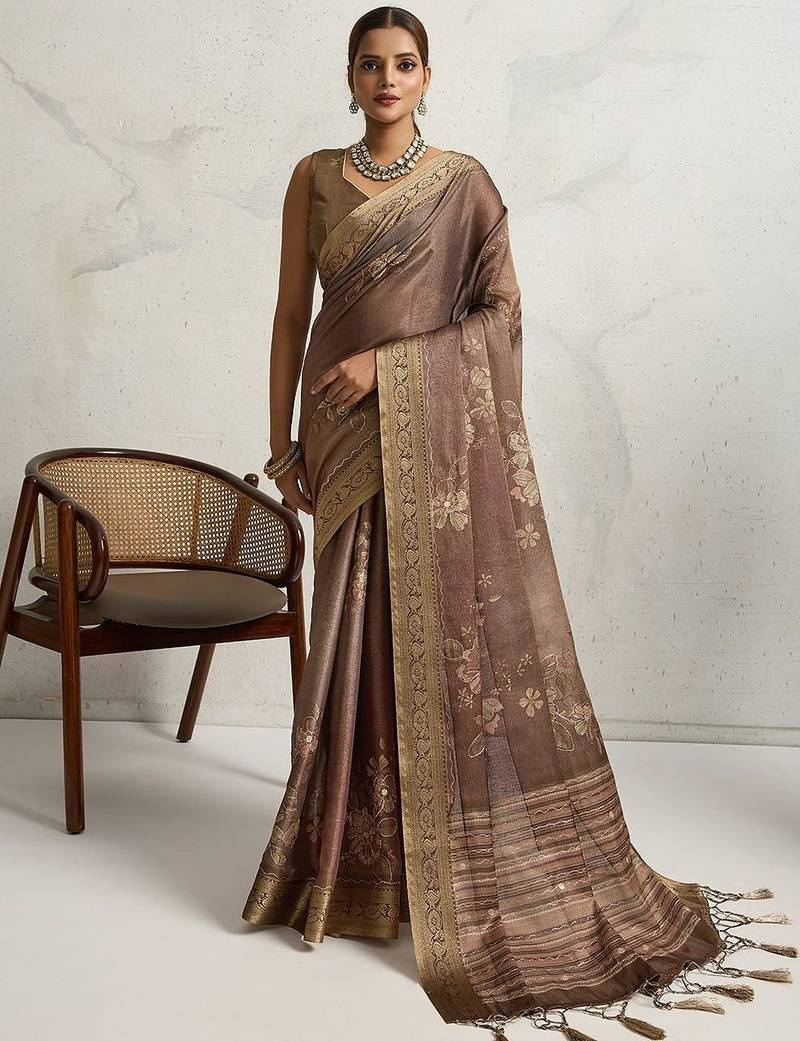 Brown floral printed sequinned tissue kanjeevaram saree