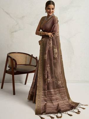 Brown floral printed sequinned tissue kanjeevaram saree 3