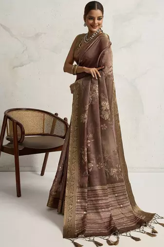 Brown floral printed sequinned tissue kanjeevaram saree
