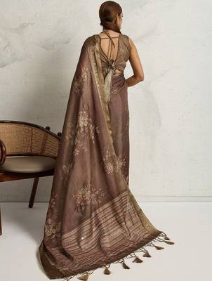 Brown floral printed sequinned tissue kanjeevaram saree 4
