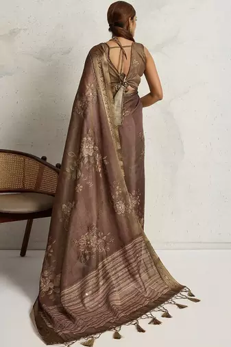 Brown floral printed sequinned tissue kanjeevaram saree