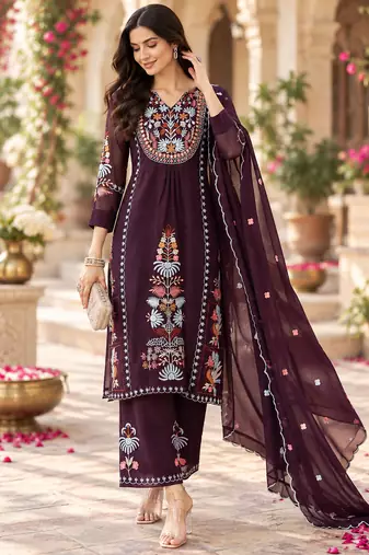 Women's faux georgette fabric thread embroidery kurta set with dupatta