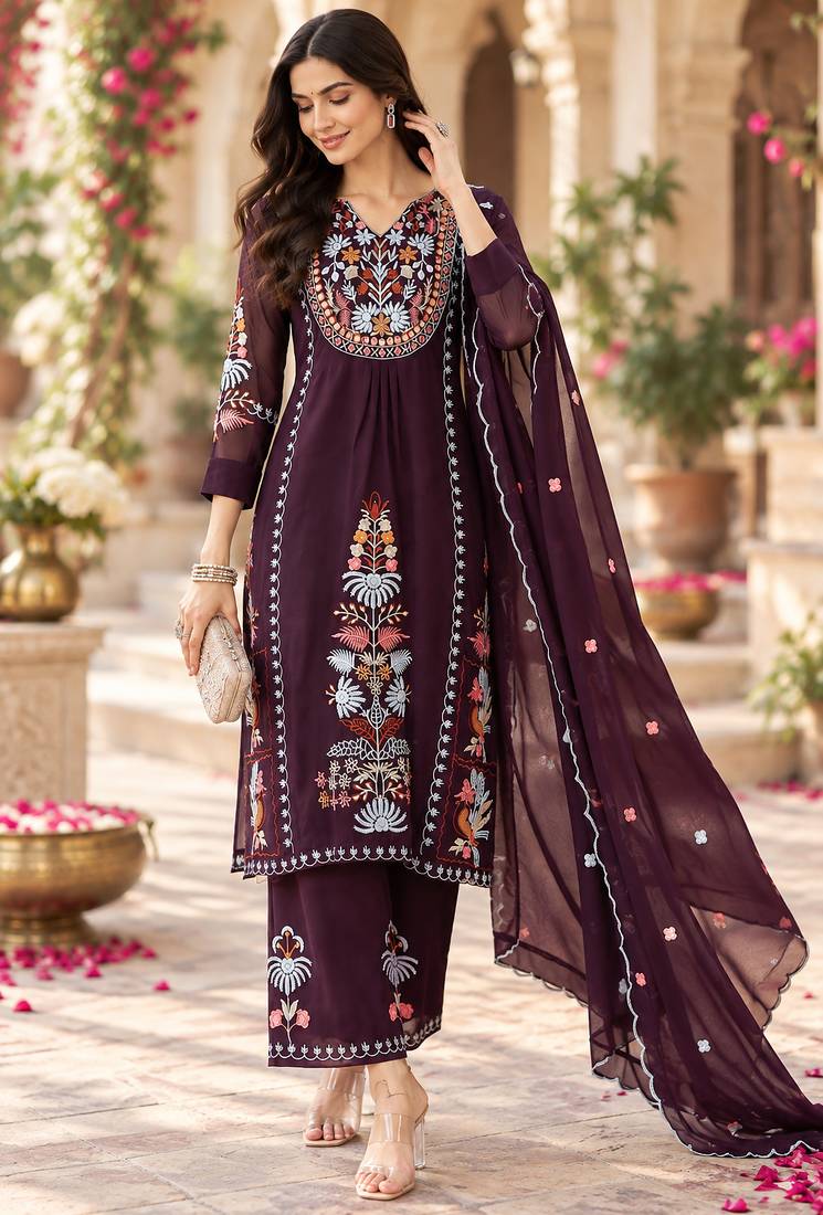 Women's faux georgette fabric thread embroidery kurta set with dupatta