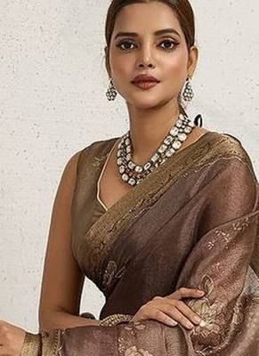 Brown floral printed sequinned tissue kanjeevaram saree 5
